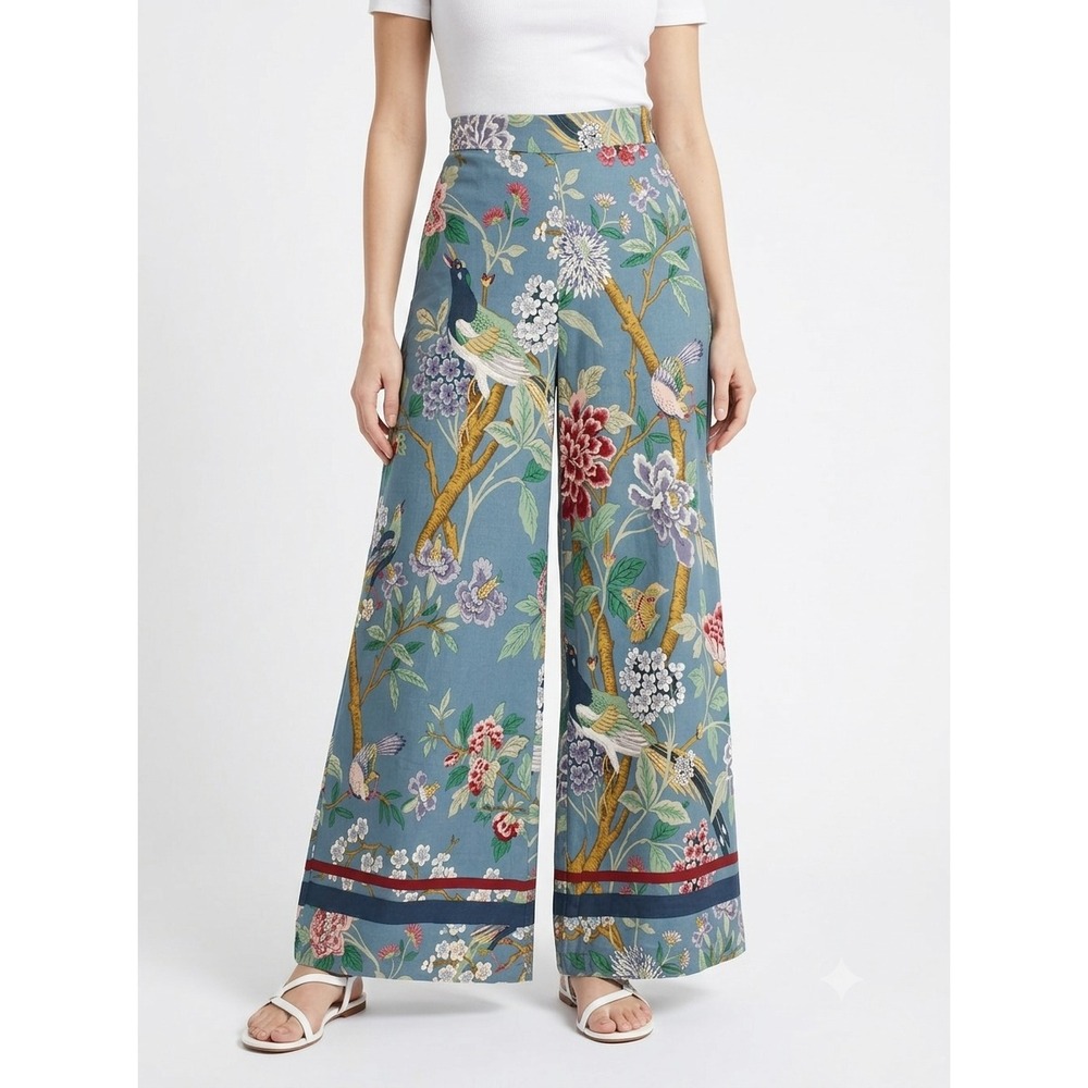 GP & J Baker x H&M Pants Womens 2 Blue Exotic Floral Bird Print Crepe Wide Leg